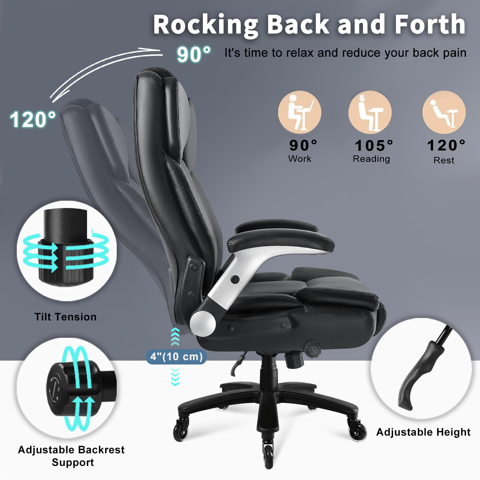 Heavy Duty Office Chair 600LBS - High Back Executive Leather Chair with Lumbar Support