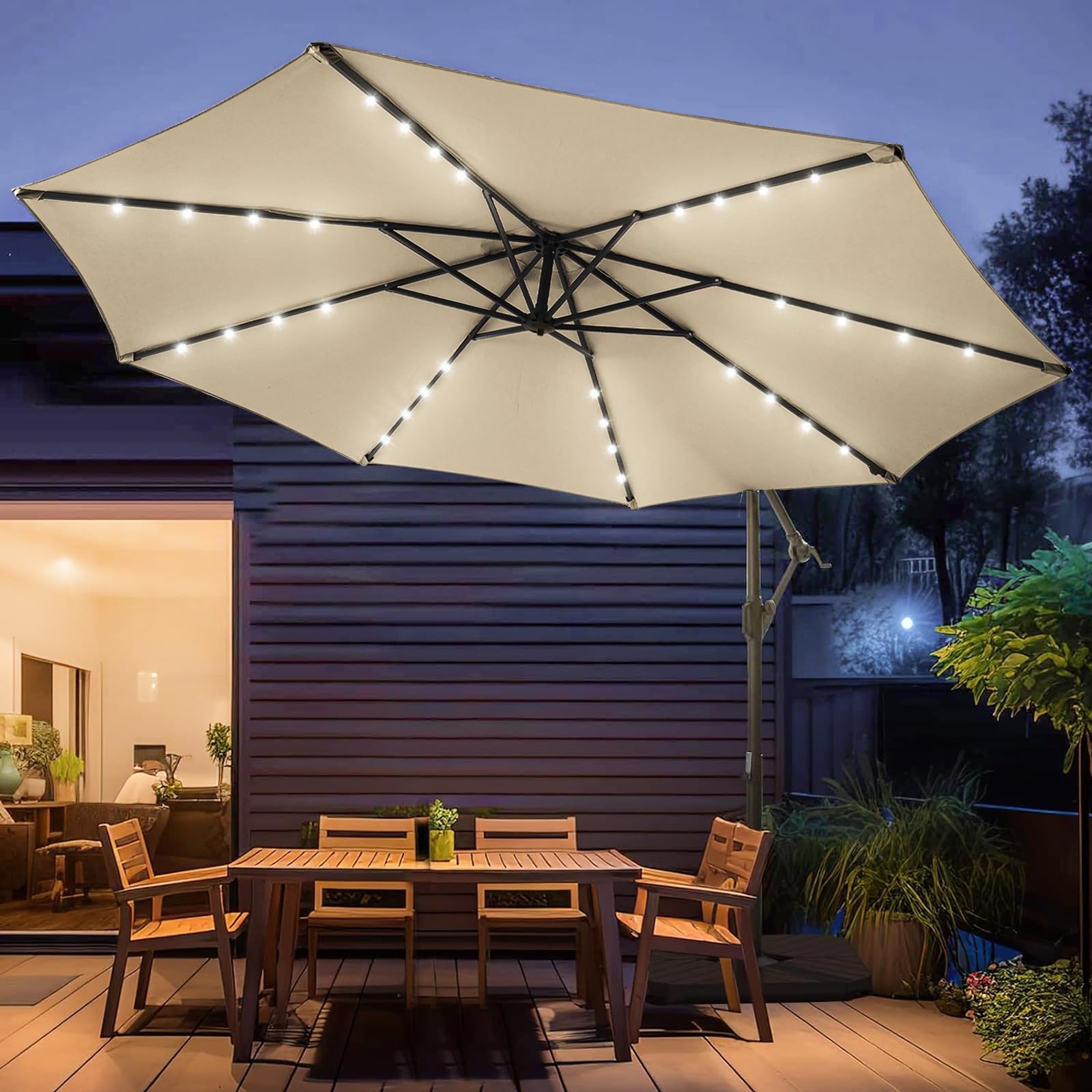 10FT Solar Patio Offset Umbrella with Base Included, Outdoor Cantilever Umbrella Hanging