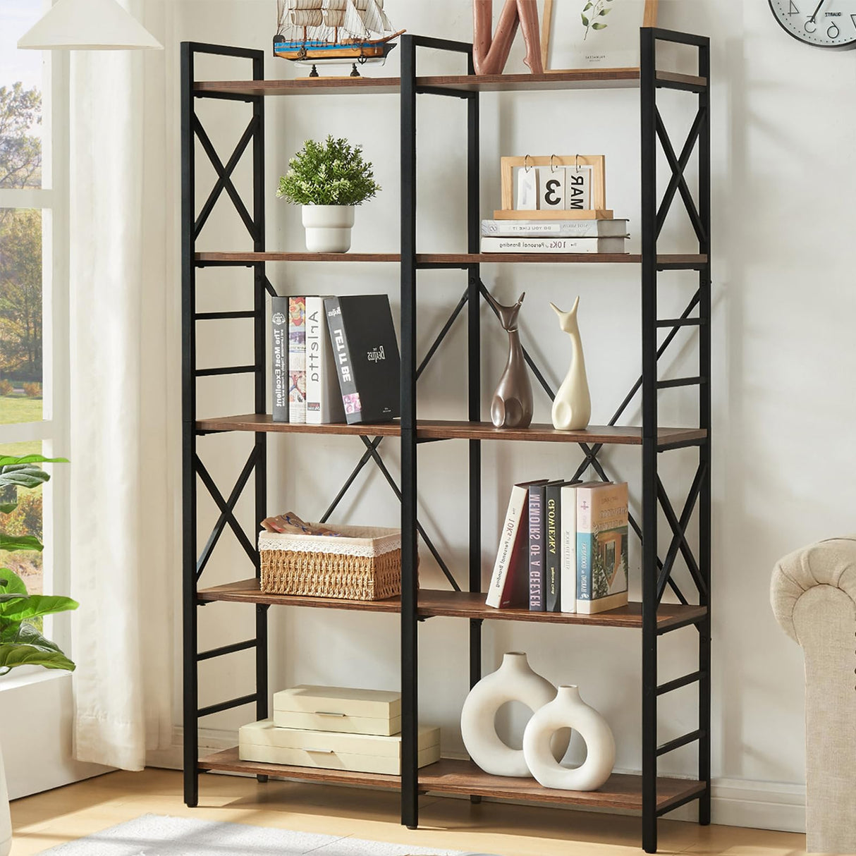 Book Shelf,Industrial Double Wide 5 Tier Bookshelf,Engineered Wood and Metal Bookcase