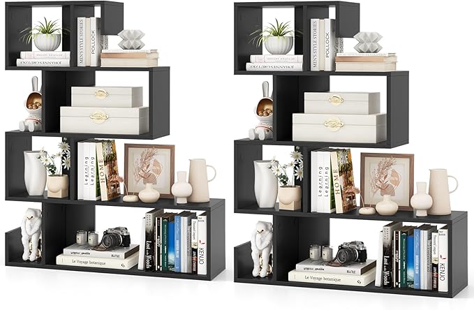Shaped Bookshelf, 5-Tier Modern Geometric Stepped Bookcase with Anti-Tipping Kits, Freestanding Corner Ladder Display Rack for Living Room Home Office (1, Black)