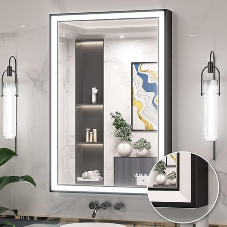 Black LED Bathroom Mirror 40” x 30” with Frontlit, 3X Ultra Brightness, 45° Angled Light,