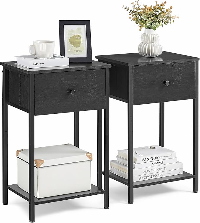 Nightstands, Set of 2, Side Table with Fabric Drawer, 24-Inch Tall End Table with Storage Shelf, Bedroom, Greige and Black ULGS221B02