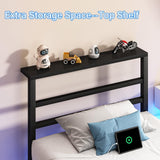 Twin Bed Frame with Headboard Shelf, Metal Platform Bed Frame with Charging Station