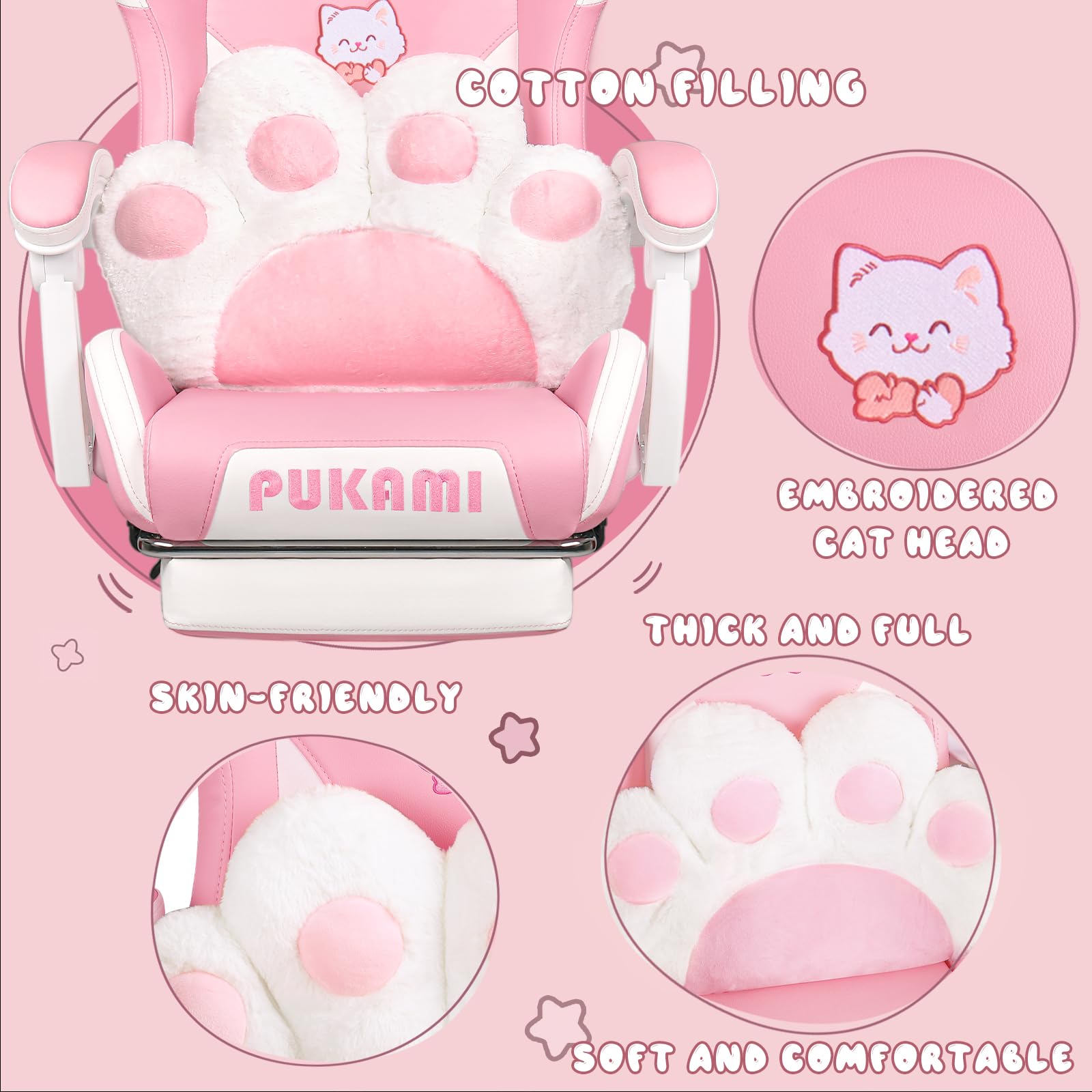 Pink Gaming Chair with Cat Ears - Ergonomic Reclining PC Chair with Footrest