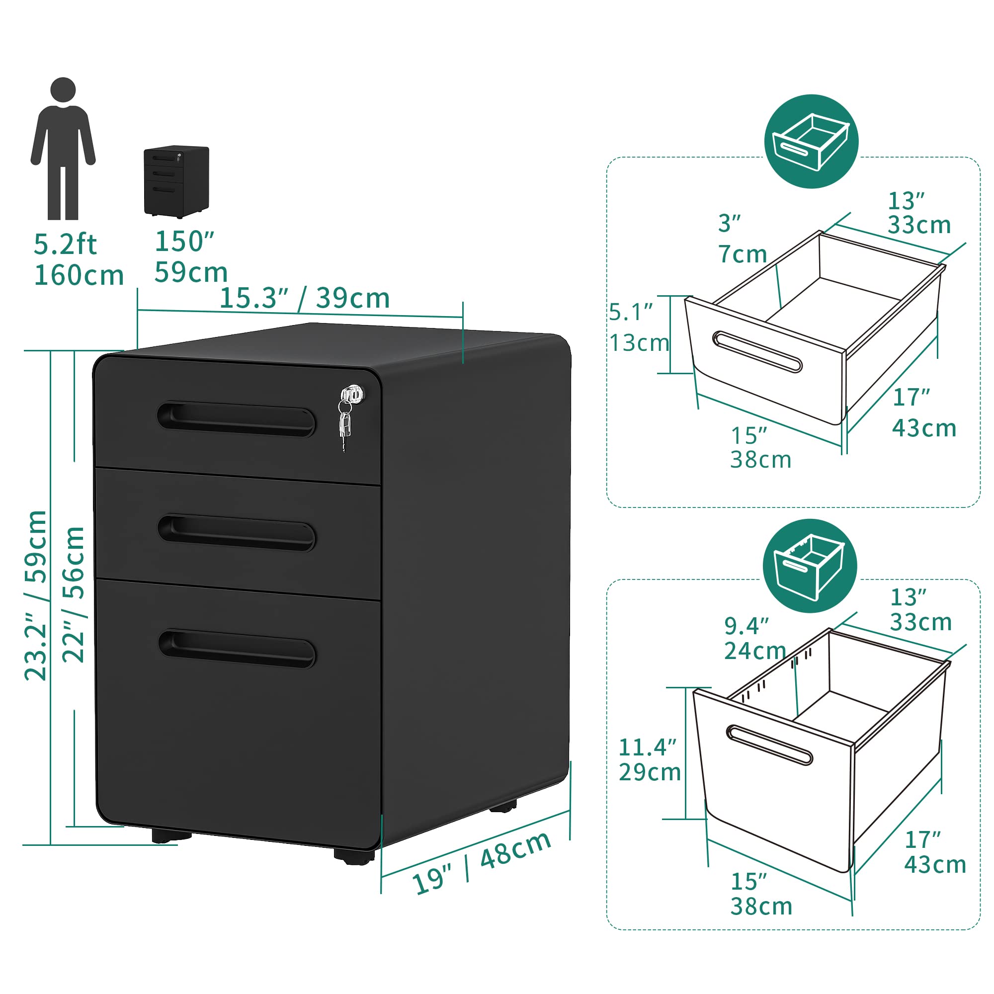 3-Drawer Rolling File Cabinet, Metal Mobile File Cabinet with Lock,