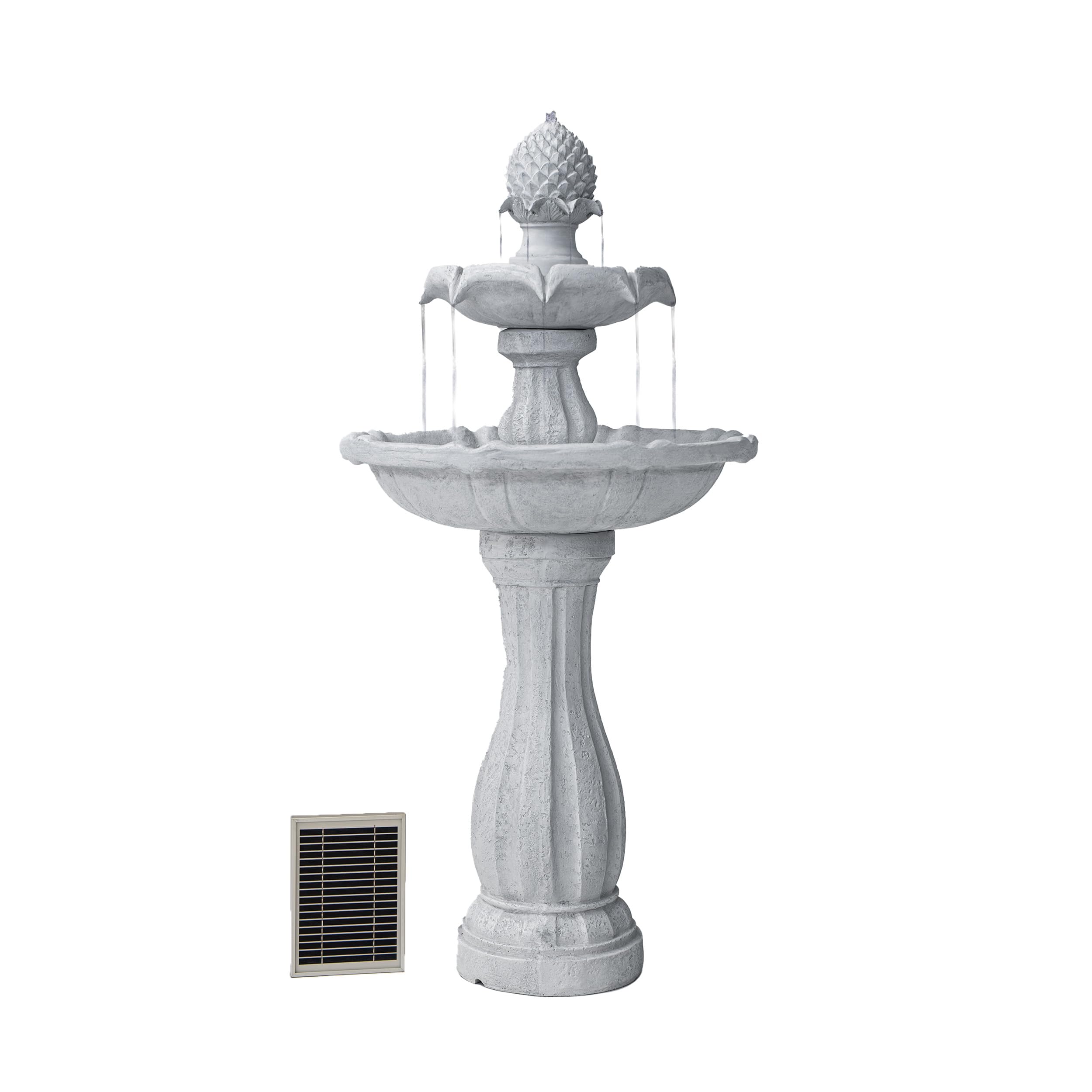 XBrand 44" Tall White Fiberglass/Resin 2-Tiered Solar Water Fountain w/Solar Panel and Auto-Shut Off Pump for Home Garden Yard Decor