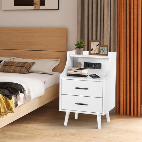 White NightStand with Charging Station, Nightstand with 2 Drawers and Open