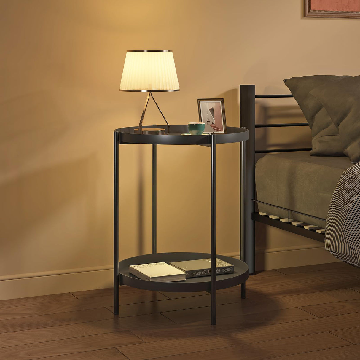 Black Round End Table, Small Metal Side Table with Removable Tray