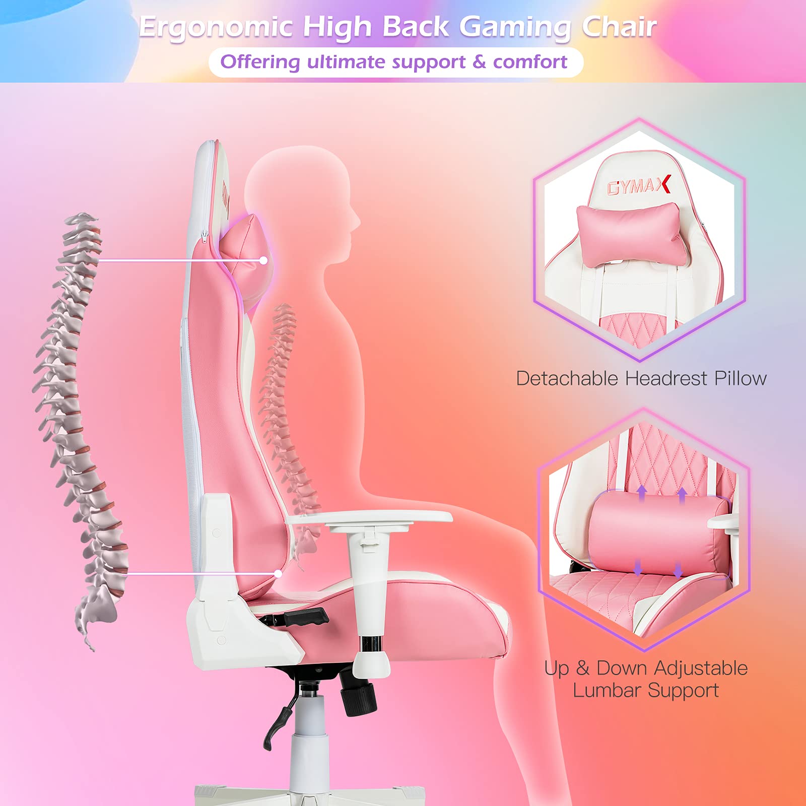 Pink Ergonomic Gaming Chair with Lumbar Support
