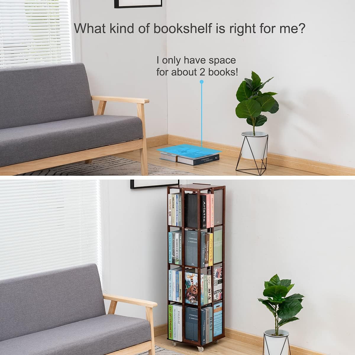 COPREE 5 Tier Rolling Bookcase, Bamboo 360 Rotating Bookshelf, Freestanding Storage Organizer Holder Book Rack with Wheels for Bedroom, Living Room Home and Office