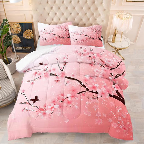 Pink Floral Butterfly Comforter Bedding Set King Size Japanese Cherry Blossom Bed Sets