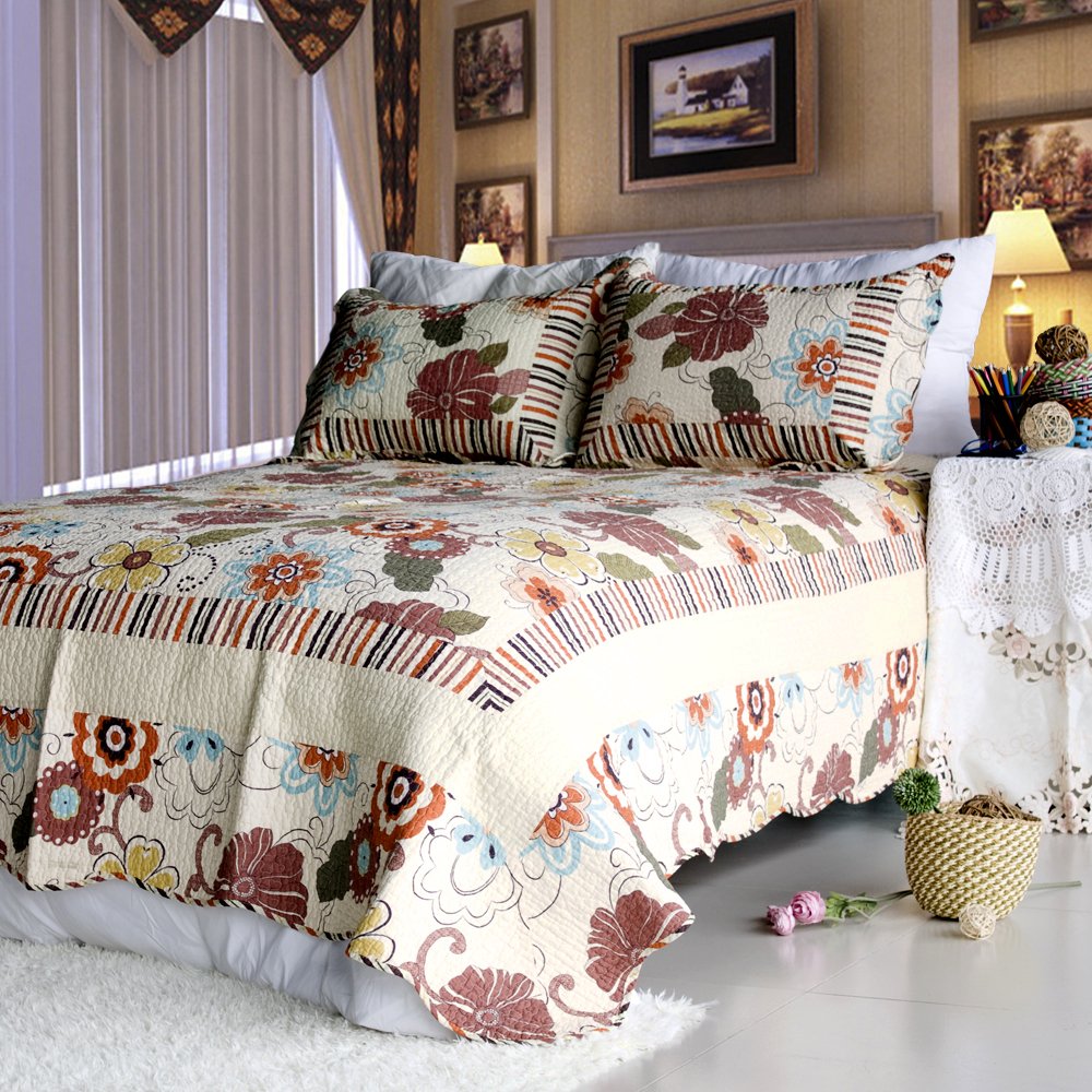 Bedding [Time's Party] 3-Pieces Floral Printed-Quilted Cotton Quilt Set (Full/Queen Size)