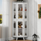 Tall Corner Cabinet with Glass Doors, Modern Storage Cabinet with Adjustable Shelves & Top Guard Rail, Home Space Saver for Bathroom, Living Room, Kitchen, Laundry Room, White