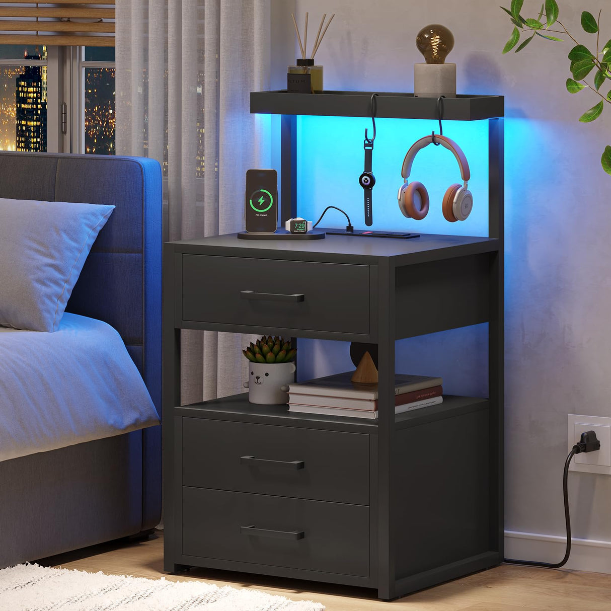 Led Nightstand with Charging Station, 3 Drawers Night Stands with Led Lights, Black