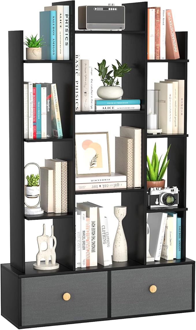 Bookshelf with 2 Drawers Free Standing Bookcase, Office Storage Shelf Organizer with 12