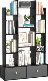 Bookshelf with 2 Drawers Free Standing Bookcase, Office Storage Shelf Organizer with 12