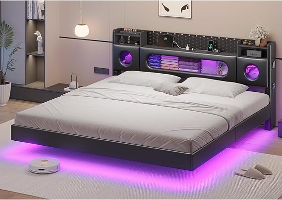 Floating Queen Bed Frame with LED Lights & Charging Station