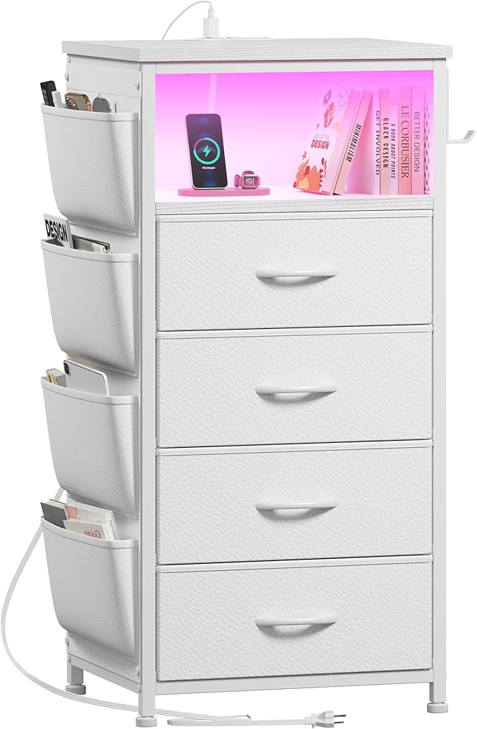 Nightstand Set of 2,LED Nightstand with Charging Station,Fabric Dresser for Bedroom