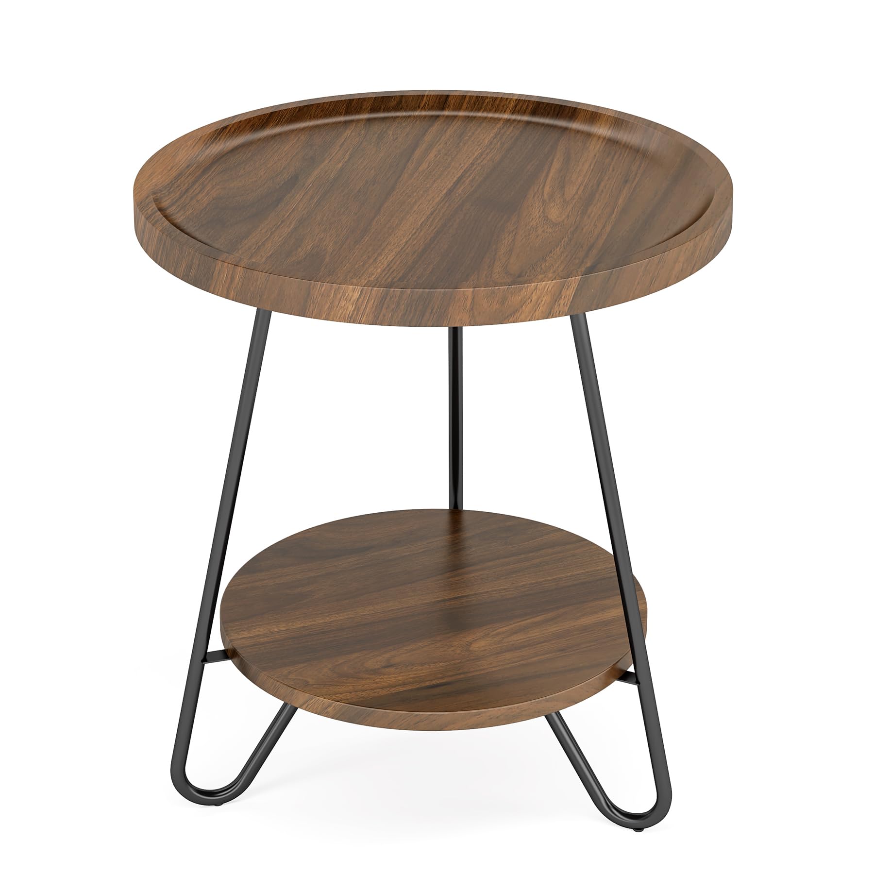 Round Side Table, 2-Tier End Table with Metal Legs, Modern Industrial Beside Table