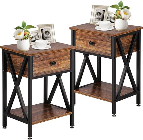 Night Stands for Bedroom Rustic Nightstand Bedside End Tables with Drawer Storage, 2 Pack, Brown(Set of 2)