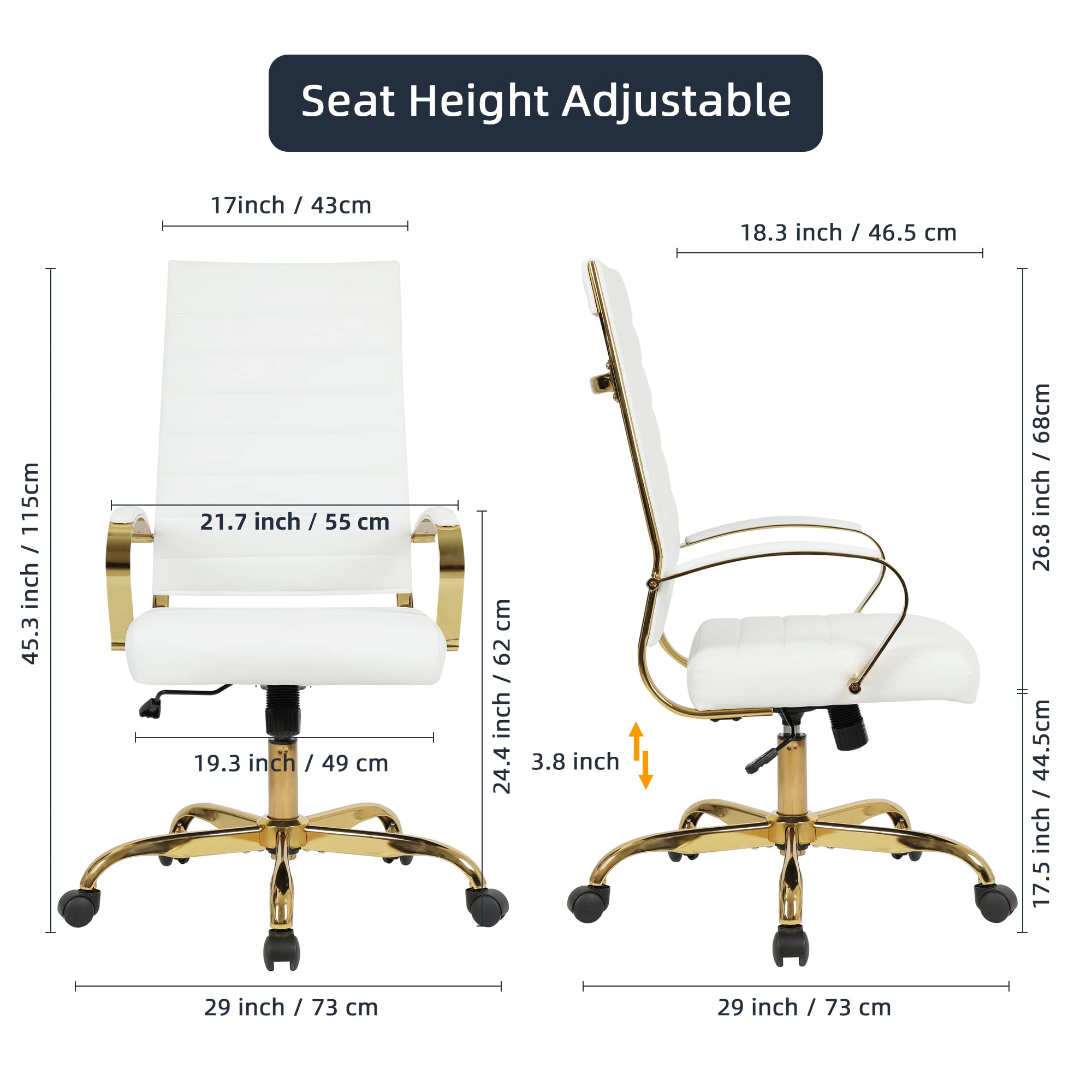 High Back Executive Office Chair - Ribbed PU Leather with Gold Frame