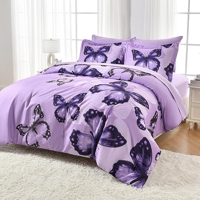 Bed in A Bag King Size 7 Pieces, Purple Paisley Butterfly Bedding Comforter Set All Season
