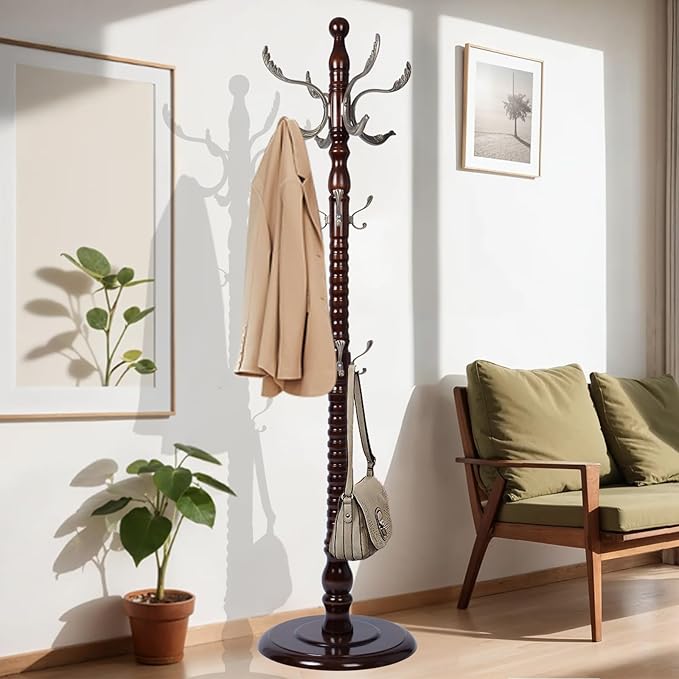 73 in Wood Coat Rack, Coat Rack Freestanding with Stable Round Base, Adjustable Height Tree Coat Rack Stand