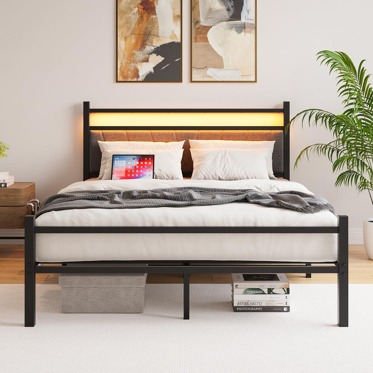 Frame with Upholstered Headboard and Charging Station, LED Lights Bed Frames