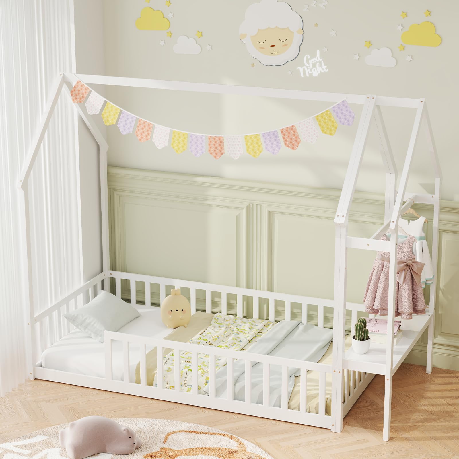 Twin House Floor Bed, Solid Wood Montessori Floor Bed with Detachable Storage Shelf & Clothes Hanger