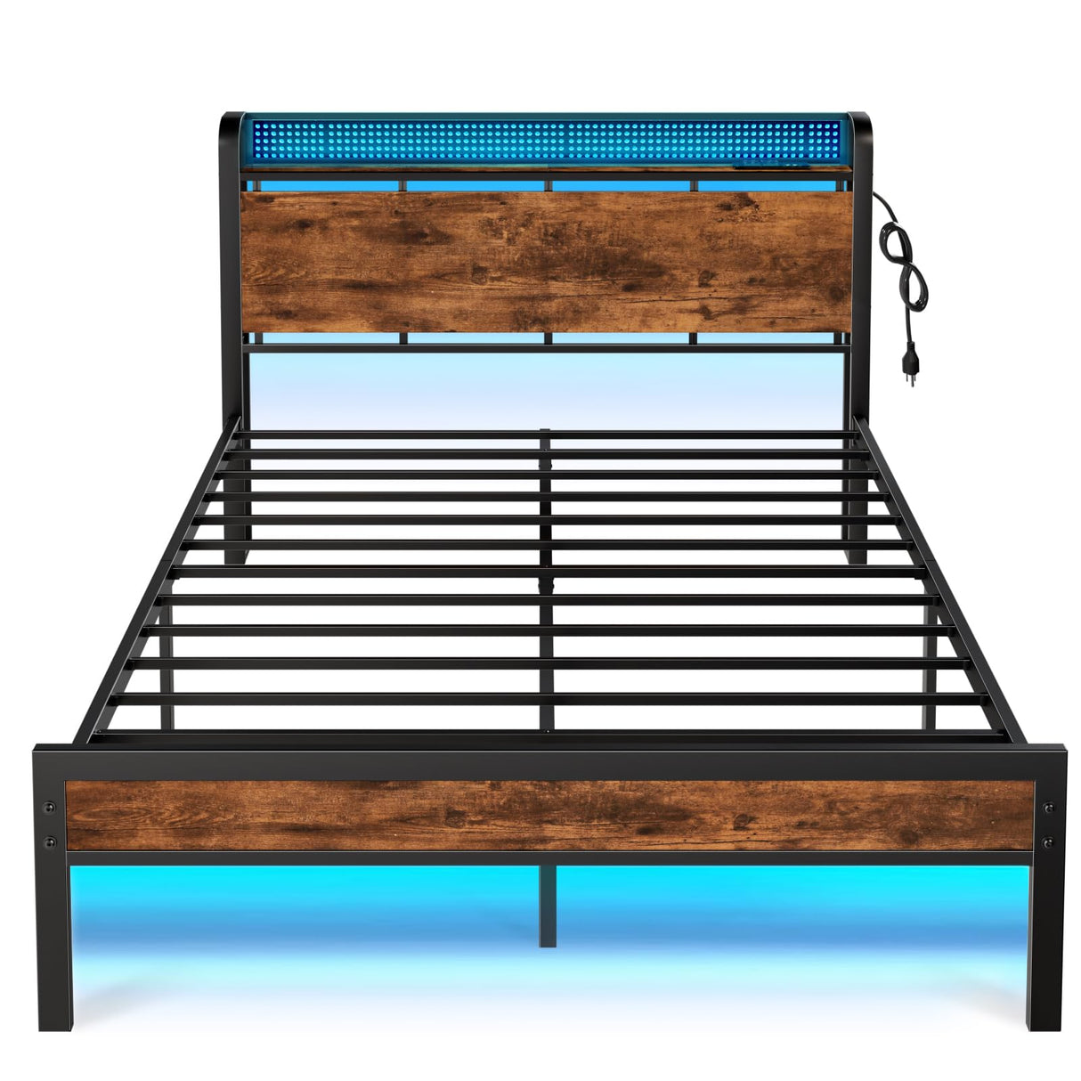 Furnulem Bed Frame with Charging Station and LED Lights,Industrial Platform Beds Queen Size with Storage Headboard,USB Port,Rustic Wood and Strong Metal Support,No Box Spring Needed, Noise Free