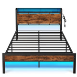 Furnulem Bed Frame with Charging Station and LED Lights,Industrial Platform Beds Queen Size with Storage Headboard,USB Port,Rustic Wood and Strong Metal Support,No Box Spring Needed, Noise Free