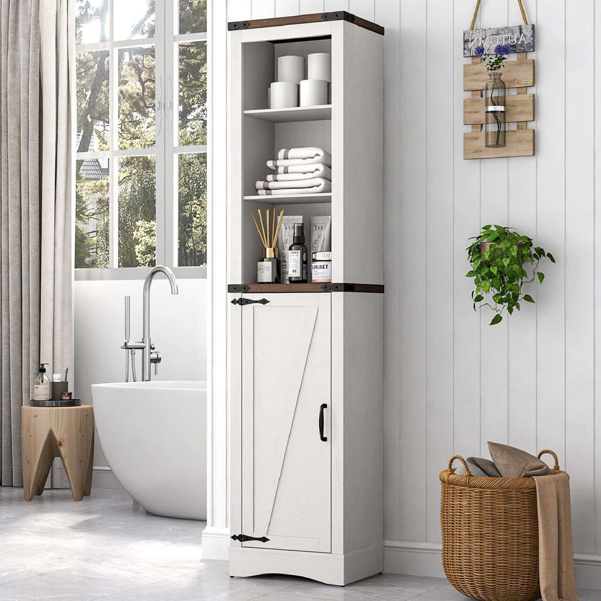 68" Tall Farmhouse Bathroom Storage Cabinet, 5-Shelf Storage Cabinet