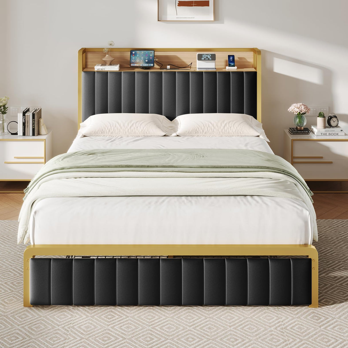 Full Size Bed Frame with Motion Sensor Light, Upholstered Platform Bed