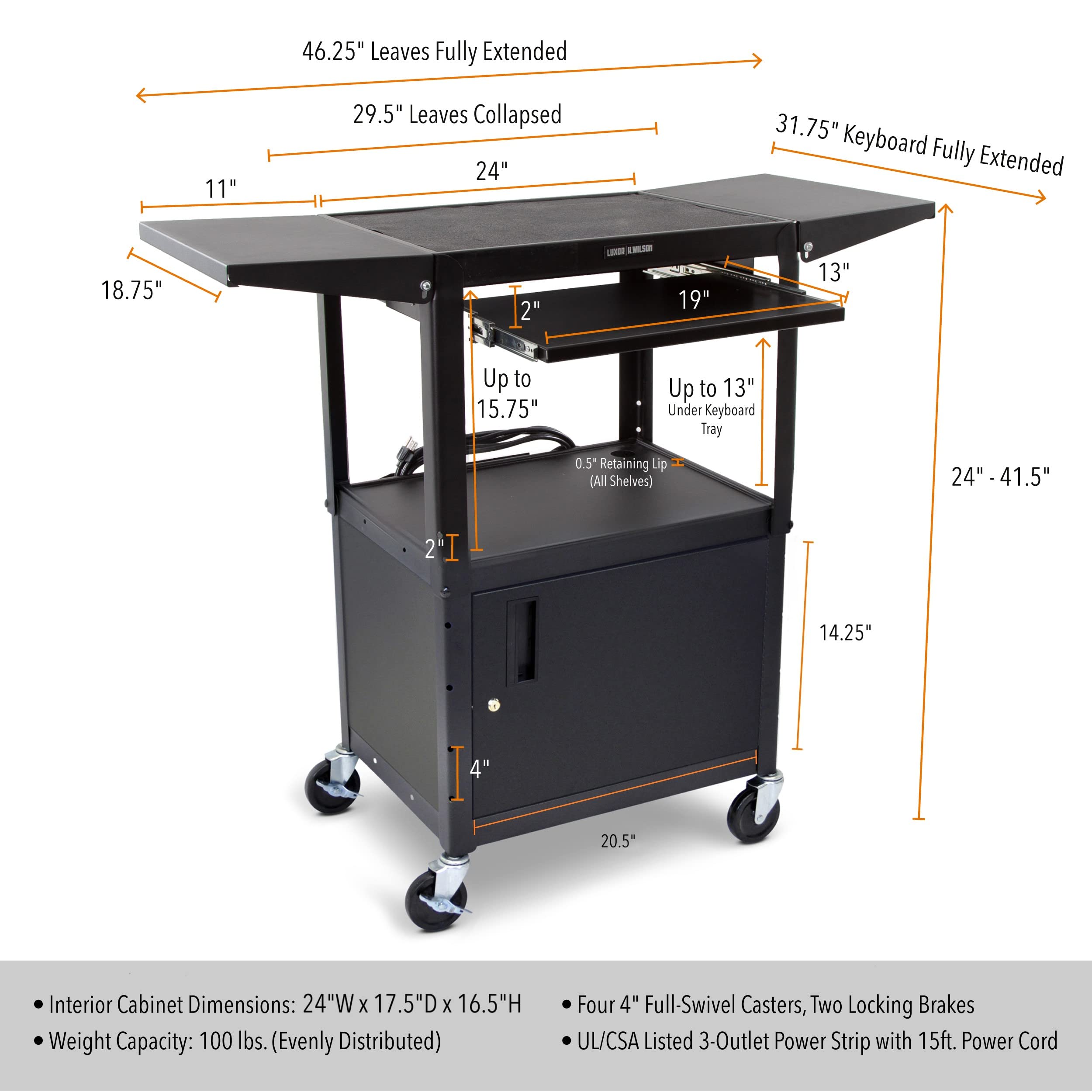 Line Leader Rolling AV Cart with Locking Cabinet, Laptop Stand, and Drop Leaves,