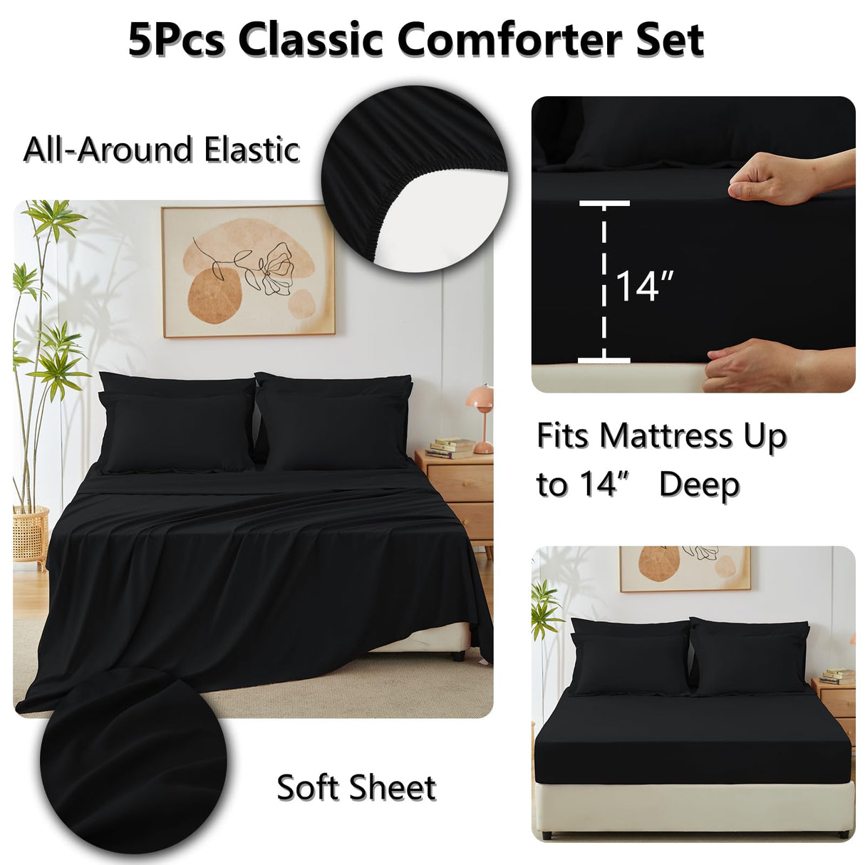 Twin XL Size Comforter Set 5 Pieces Black Twin Extra Long Bed in a Bag for College Dorm