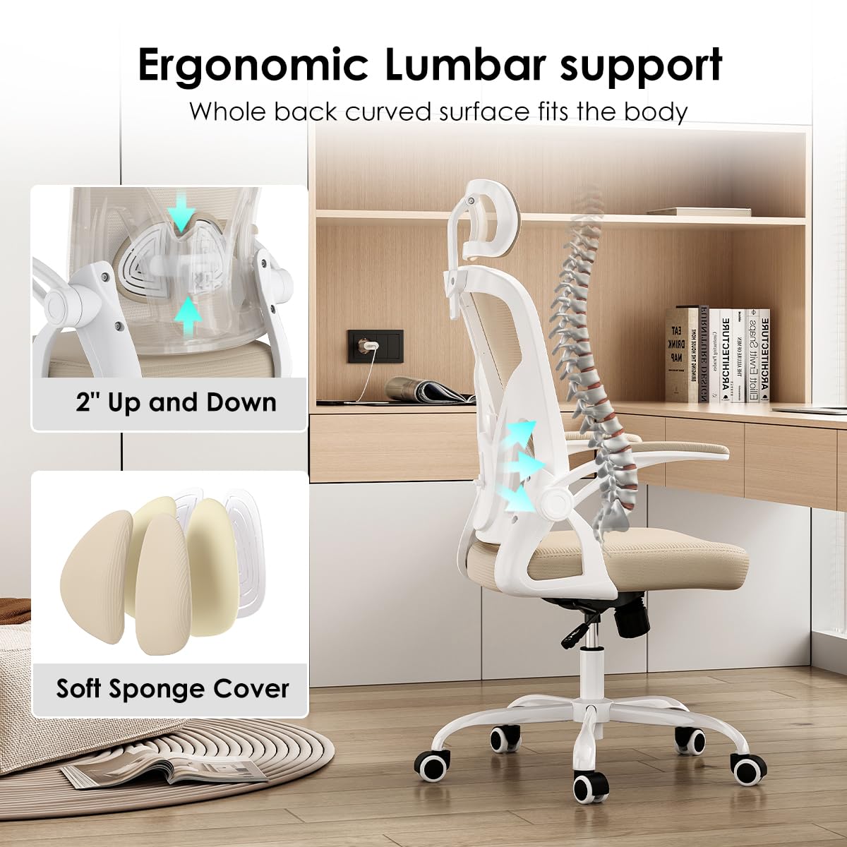 Office Chair, Home Office Desk Chair with Headrest, High Back Computer Chair with Flip-up Armrests and Adjustable Lumbar Support for Home Office Study Bedroom, Khaki.