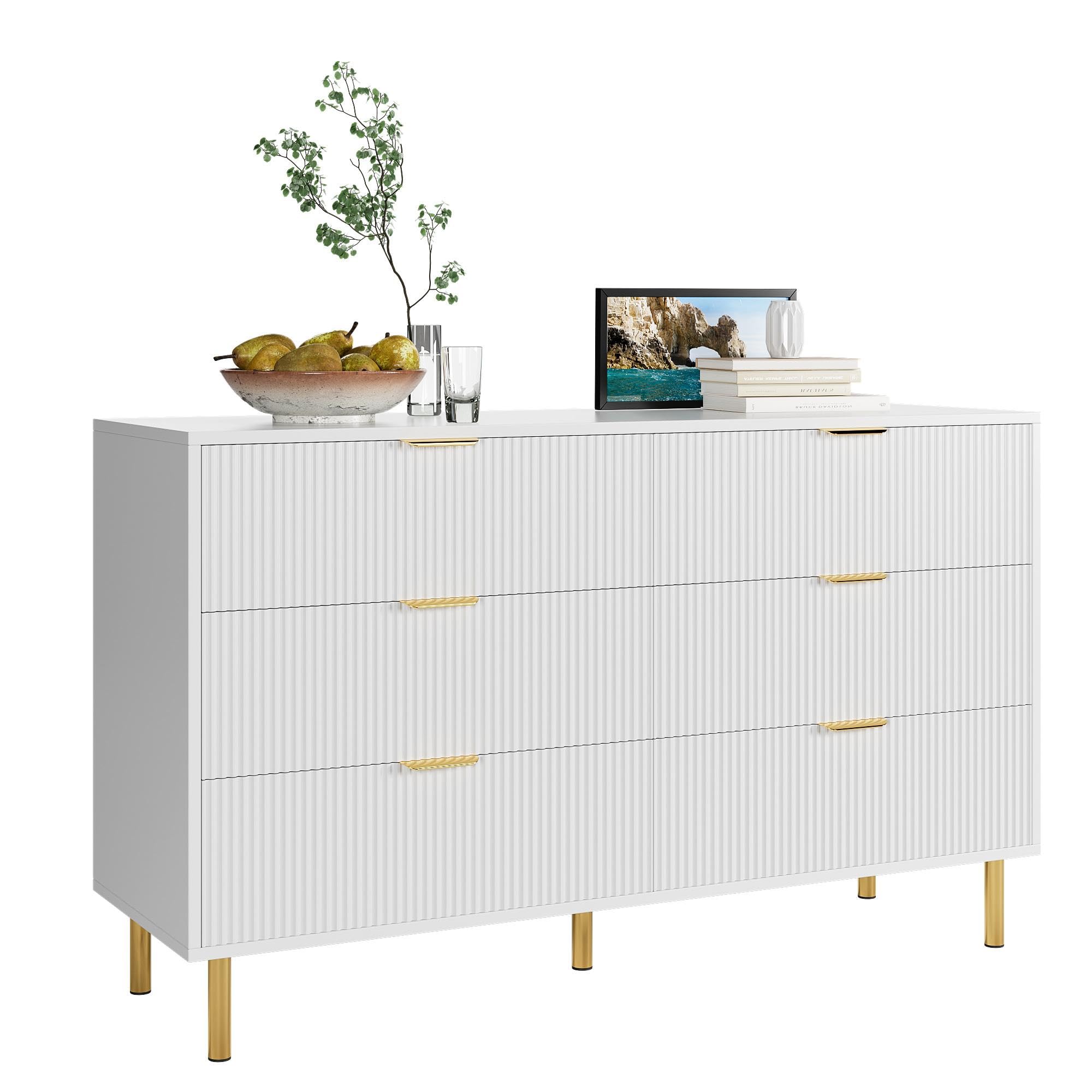 White 6 Drawer Dresser for Bedroom, 56” Wide Wood Dresser