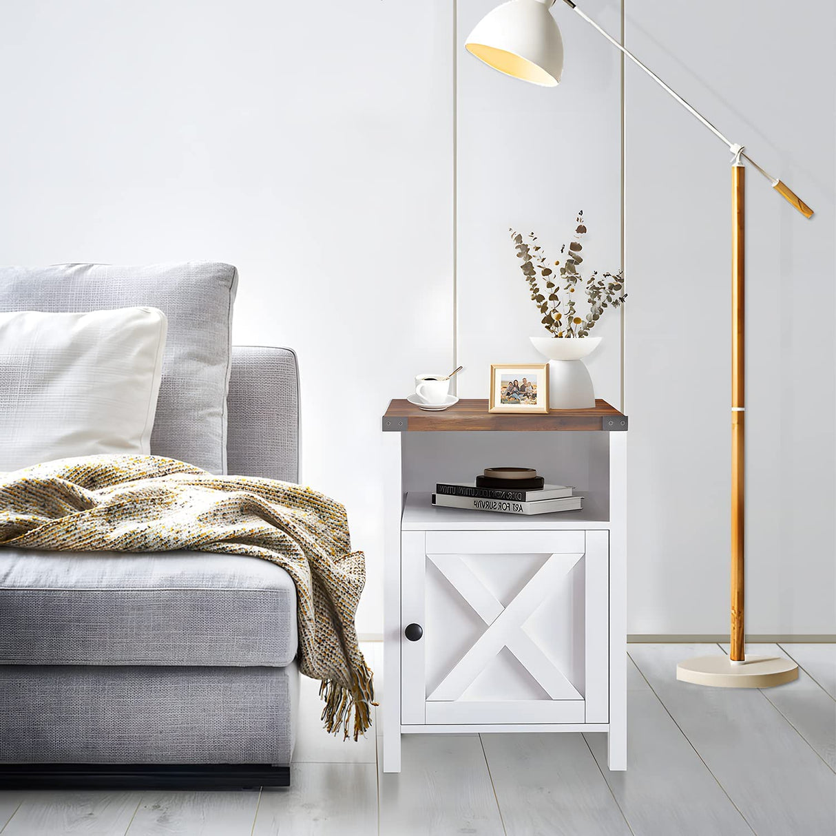 Farmhouse End Table, Rustic End Table with Barn Door and Shelf, White End Tables