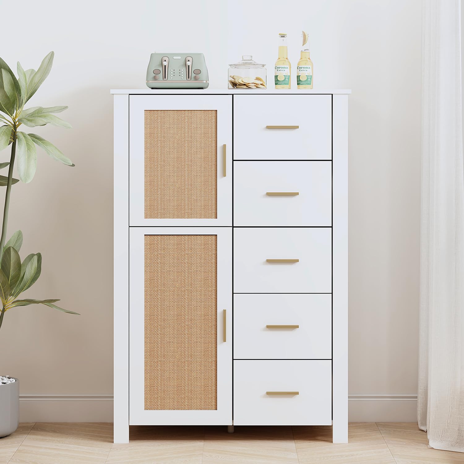 Rattan Storage Cabinet, Farmhouse Sideboard Buffet Cabinet with Door and 5 Drawers