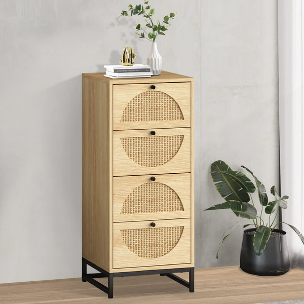 Natural Rattan 4 Drawer Dresser, Rattan Cabinet Storage Tower for Bedroom, Tall Chest