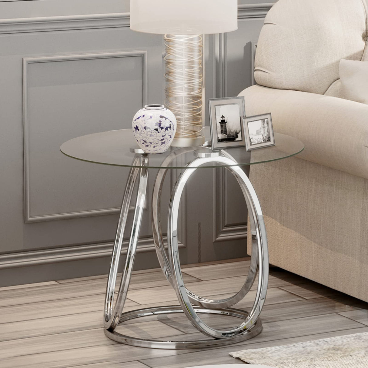 Silver Glass End Table for Living Room, Glass Side Table for Bedroom