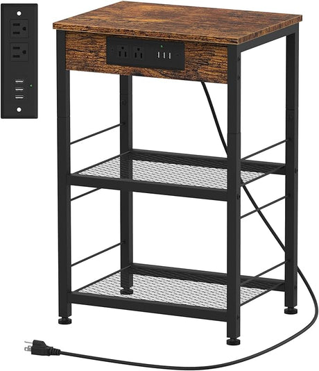 Black Nightstand with Charging Station Industrial End Side Table