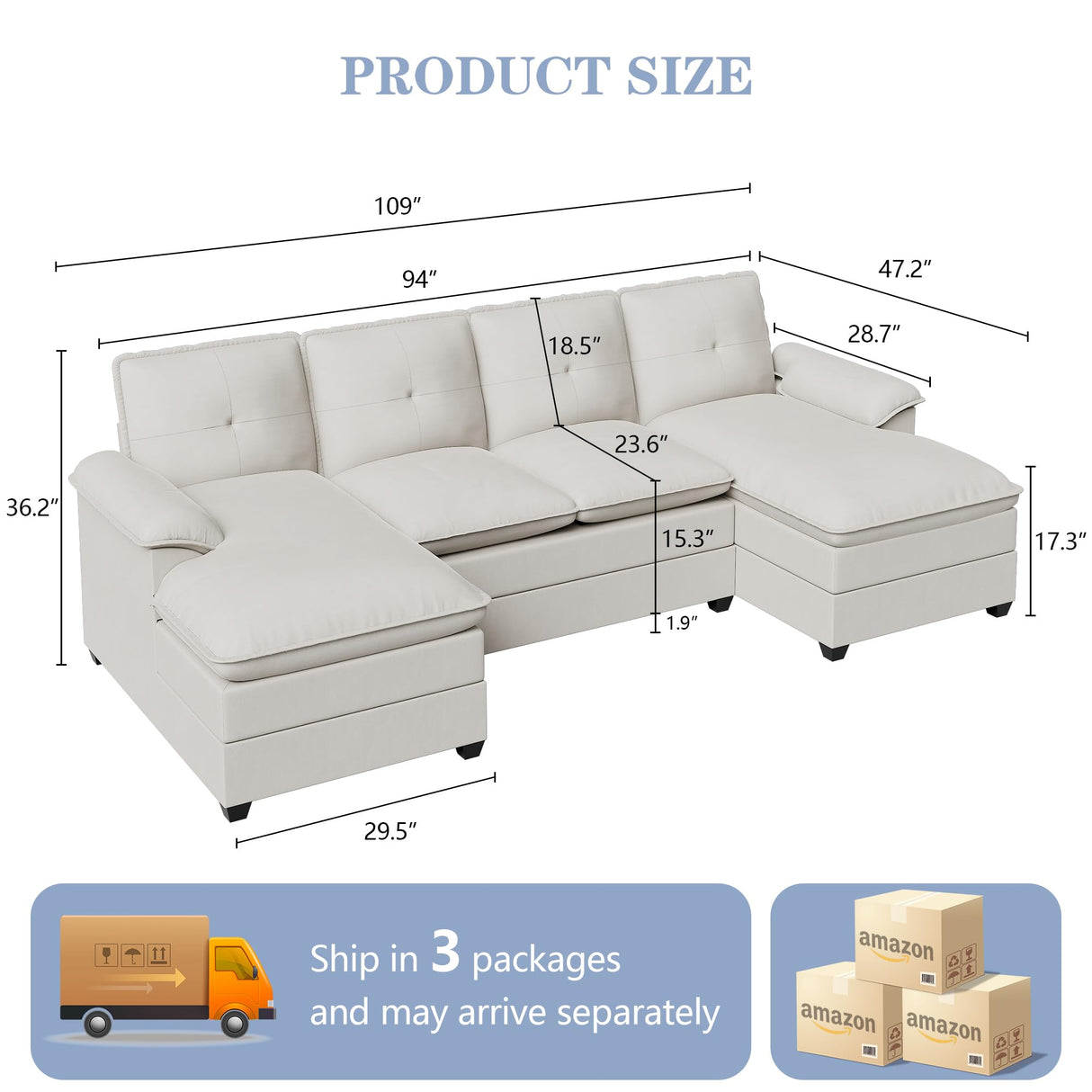 Shintenchi 110" Sectional Sofa Couch, U-Shaped Modular Couch Sleeper with Thick Cushion & Soft Backrest, 4 Seat Sofa Couch with Double Chaise for Living Room, Creamy White