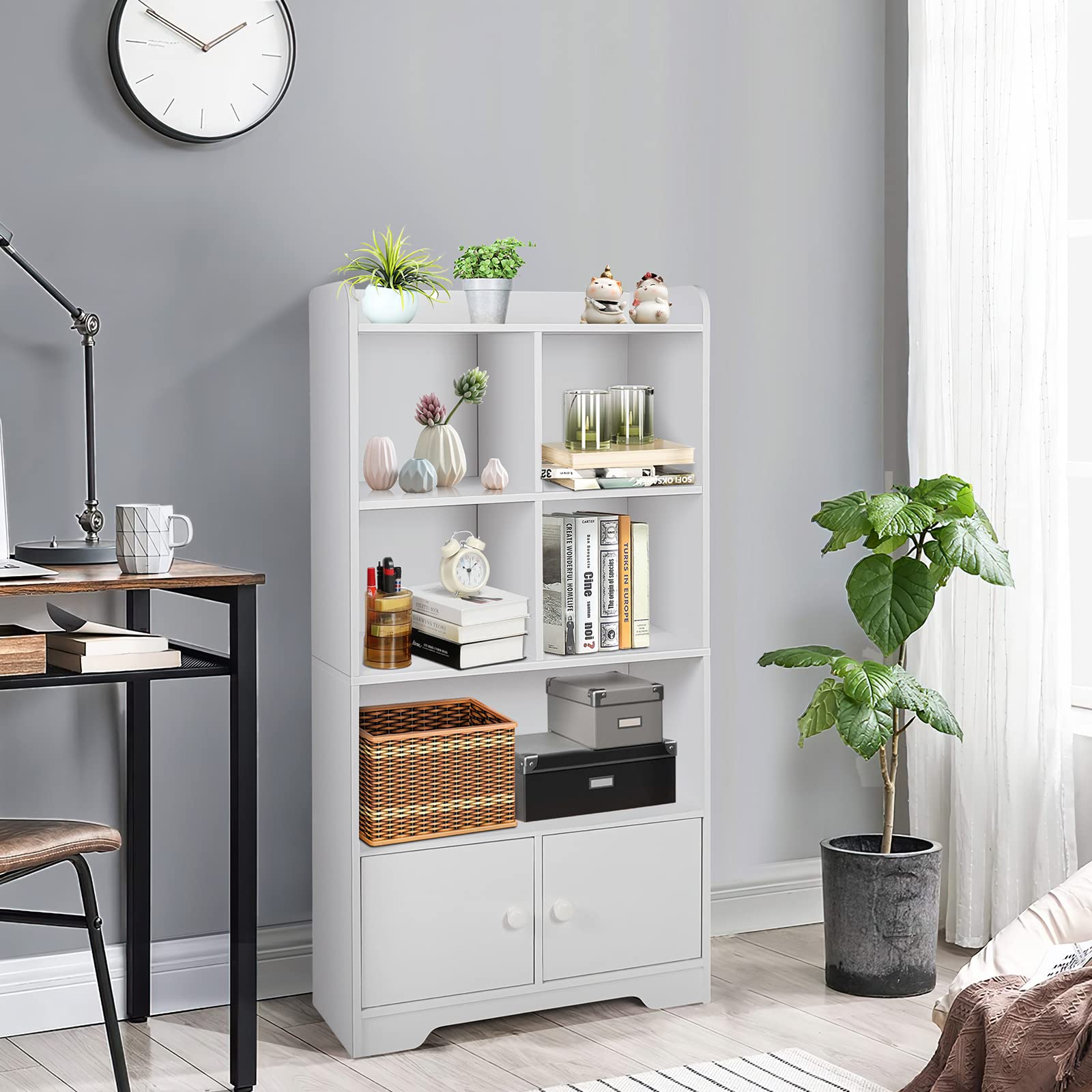 4-Tier Bookcase with Doors, 47.5" Tall Freestanding White Bookshelf with 3 Shelves