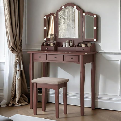 Table, Vintage Vanity Desk with Mirror and Lights, Tri-Fold Mirror Small Makeup Vanity