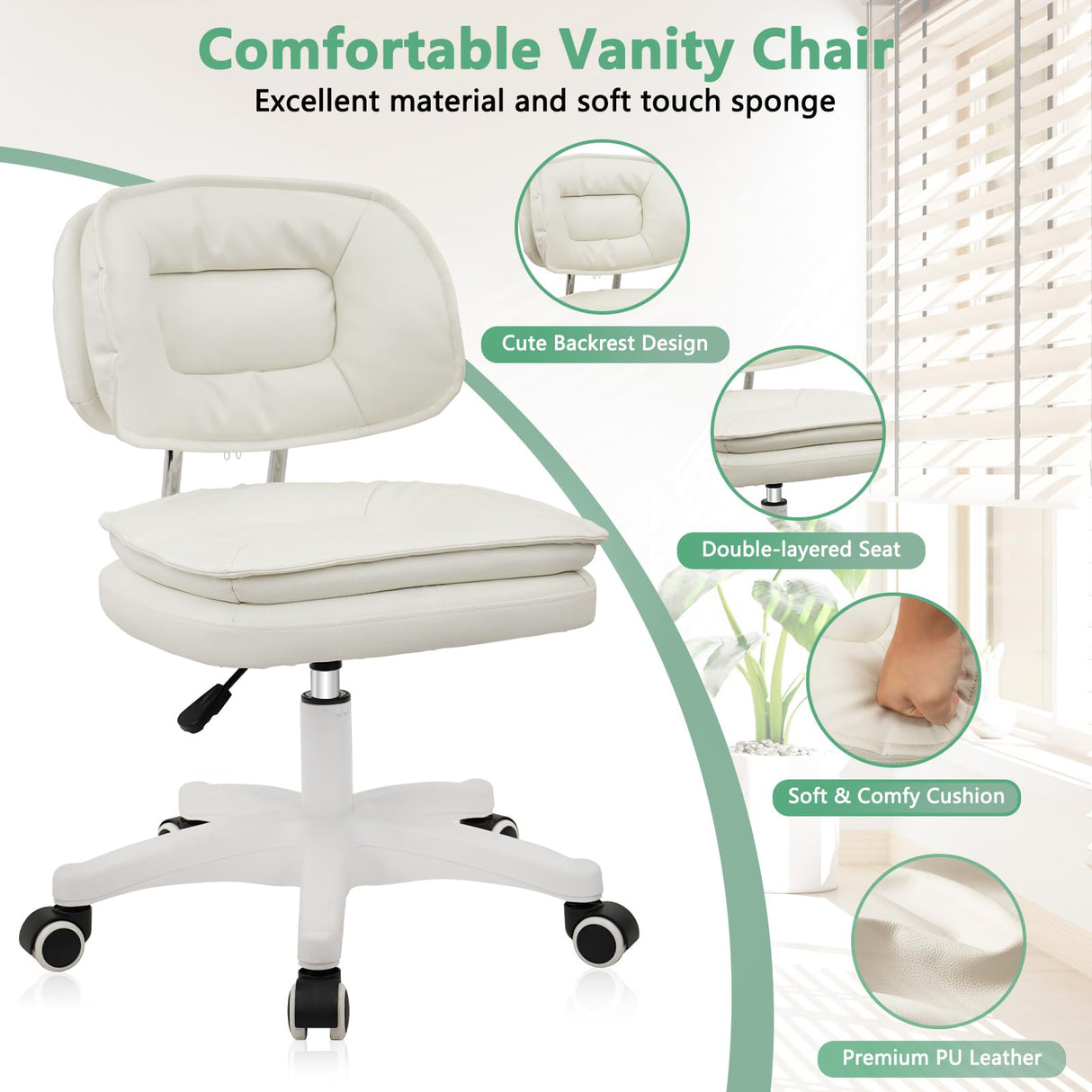 Small Rolling Stool with Backrest - Adjustable Height Vanity Chair