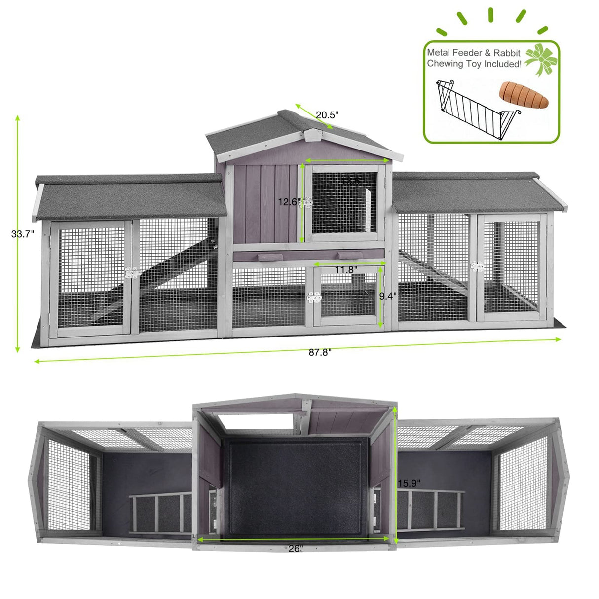 Rabbit Hutch Chicken Coop 87.8" Large Outdoor Bunny Cage with Removable PVC Layer