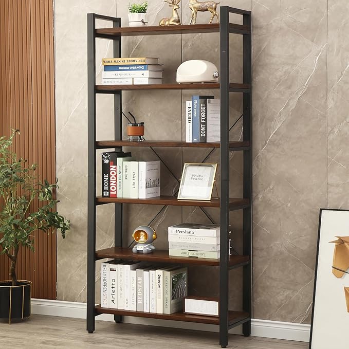 5 Tier Bookcase, Solid Wood Bookshelf Rustic Vintage Industrial Etagere Bookcase