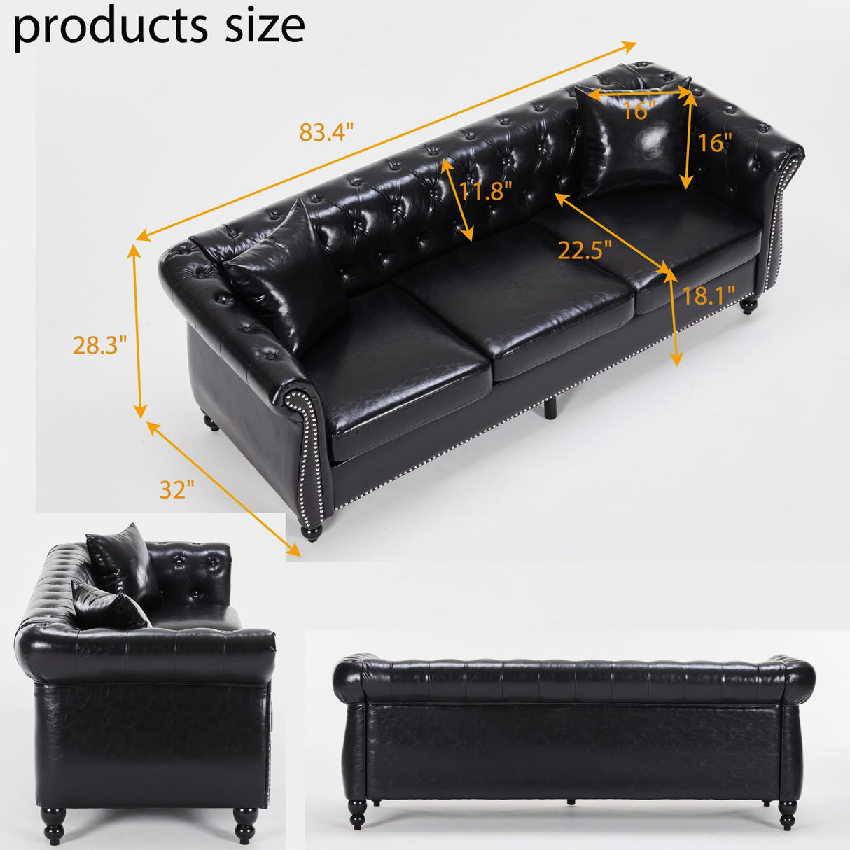 Chesterfield Sofa 83.4 " Faux Leather Couches with Gourd Wooden Legs,