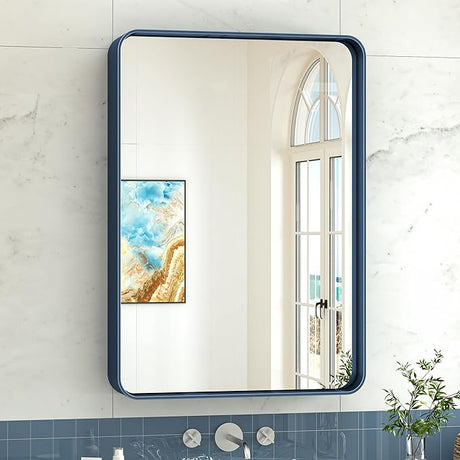 24 x 32 Inch Brushed Silver Bathroom Mirror for Wall Brushed Brass Metal Rounded Corner